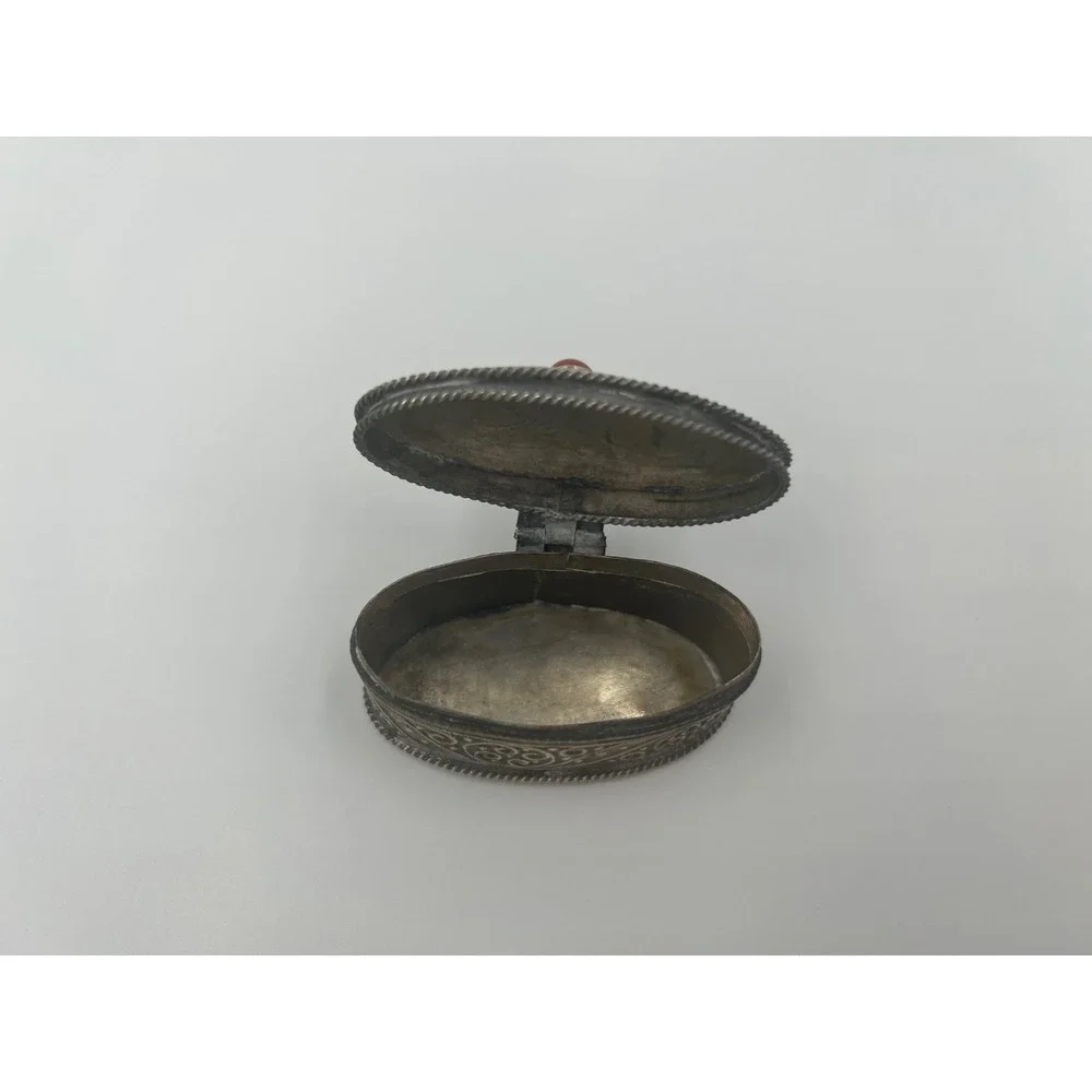 Vintage Berber Metal Pill Box Ornate Coral Genstome Snuff Box
